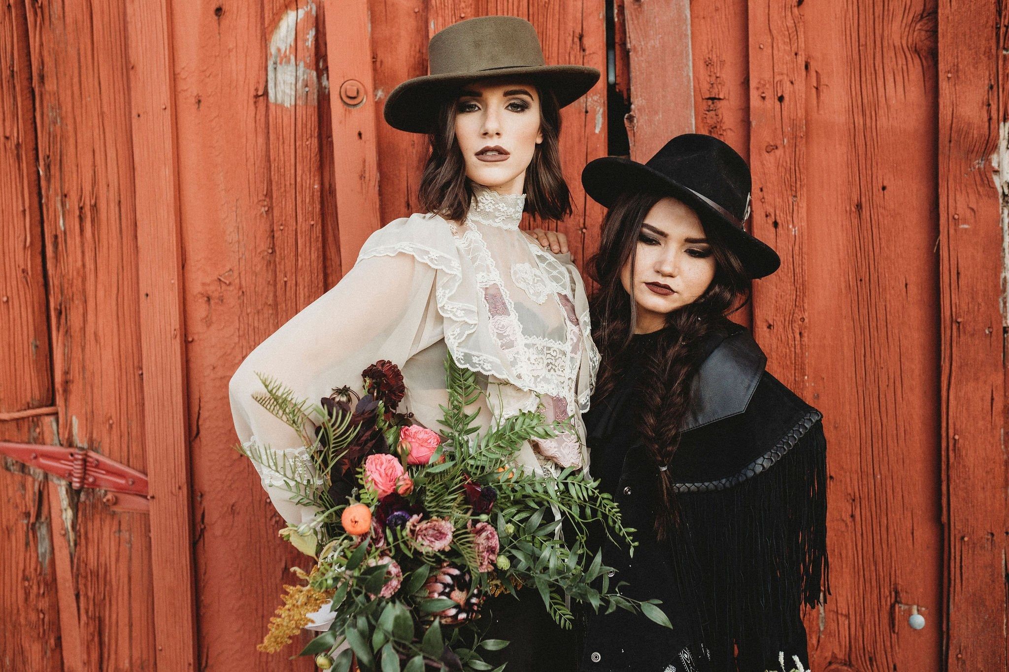 Two women in hats and lace, Southern Gothic styled shoot