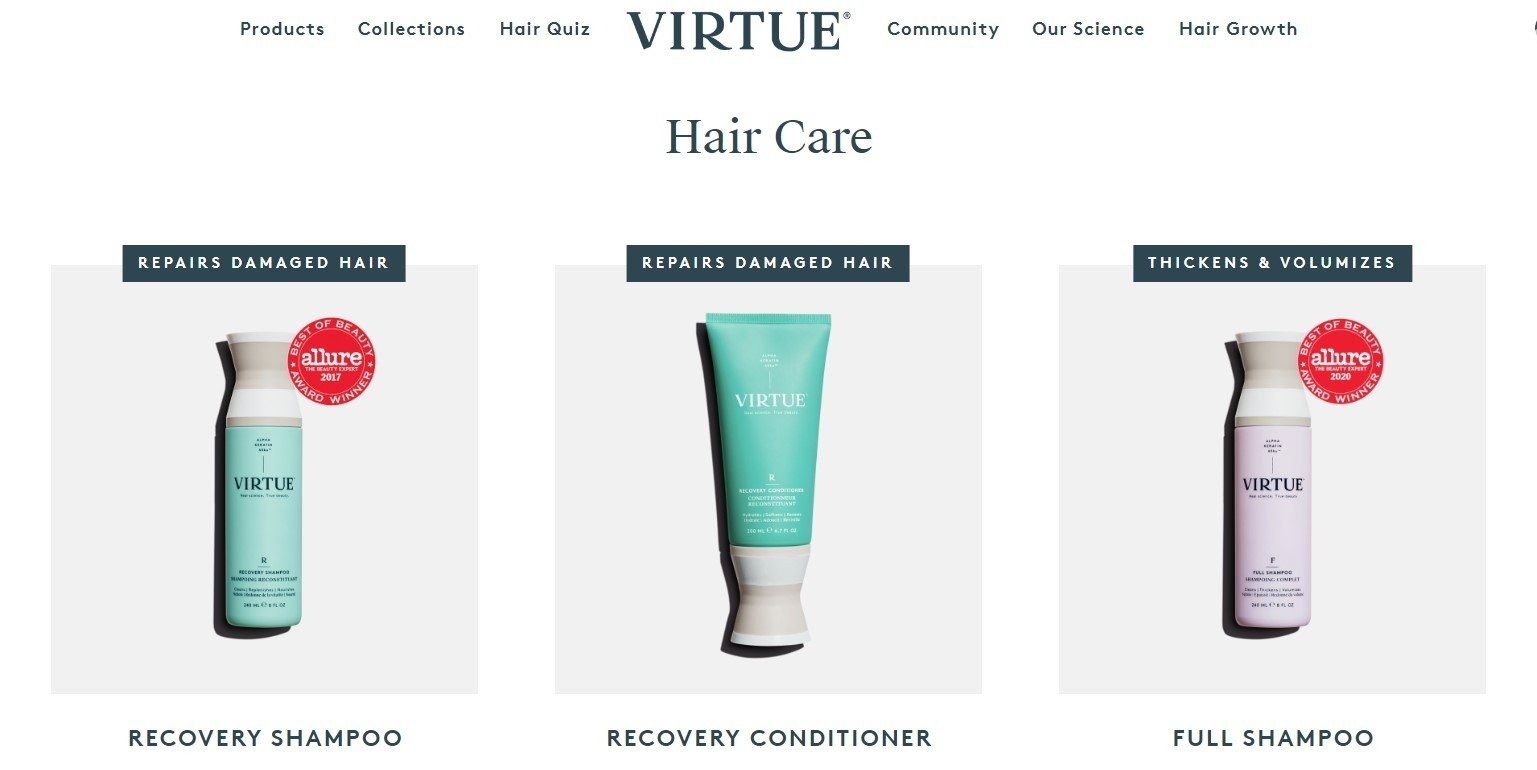 Virtue hair care: Recovery Shampoo, Recovery Conditioner and Full Shampoo