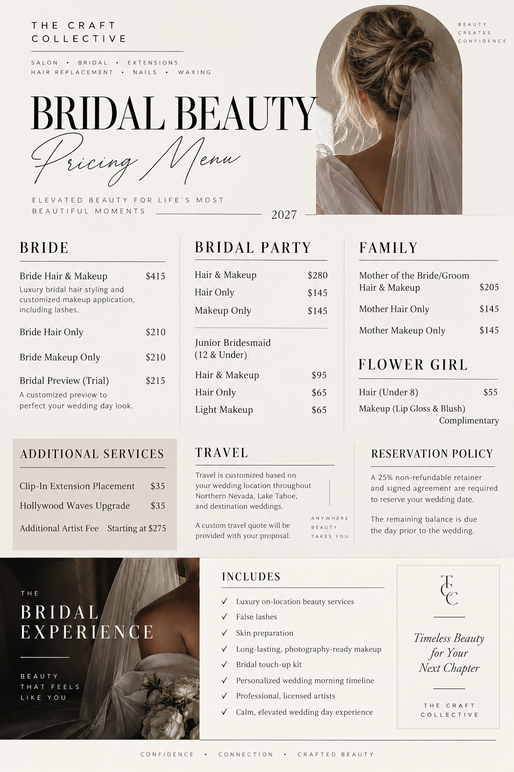 The Craft Collective Bridal Beauty pricing menu 2027: bride, bridal party, family, flower girl, additional services, travel and reservation policy