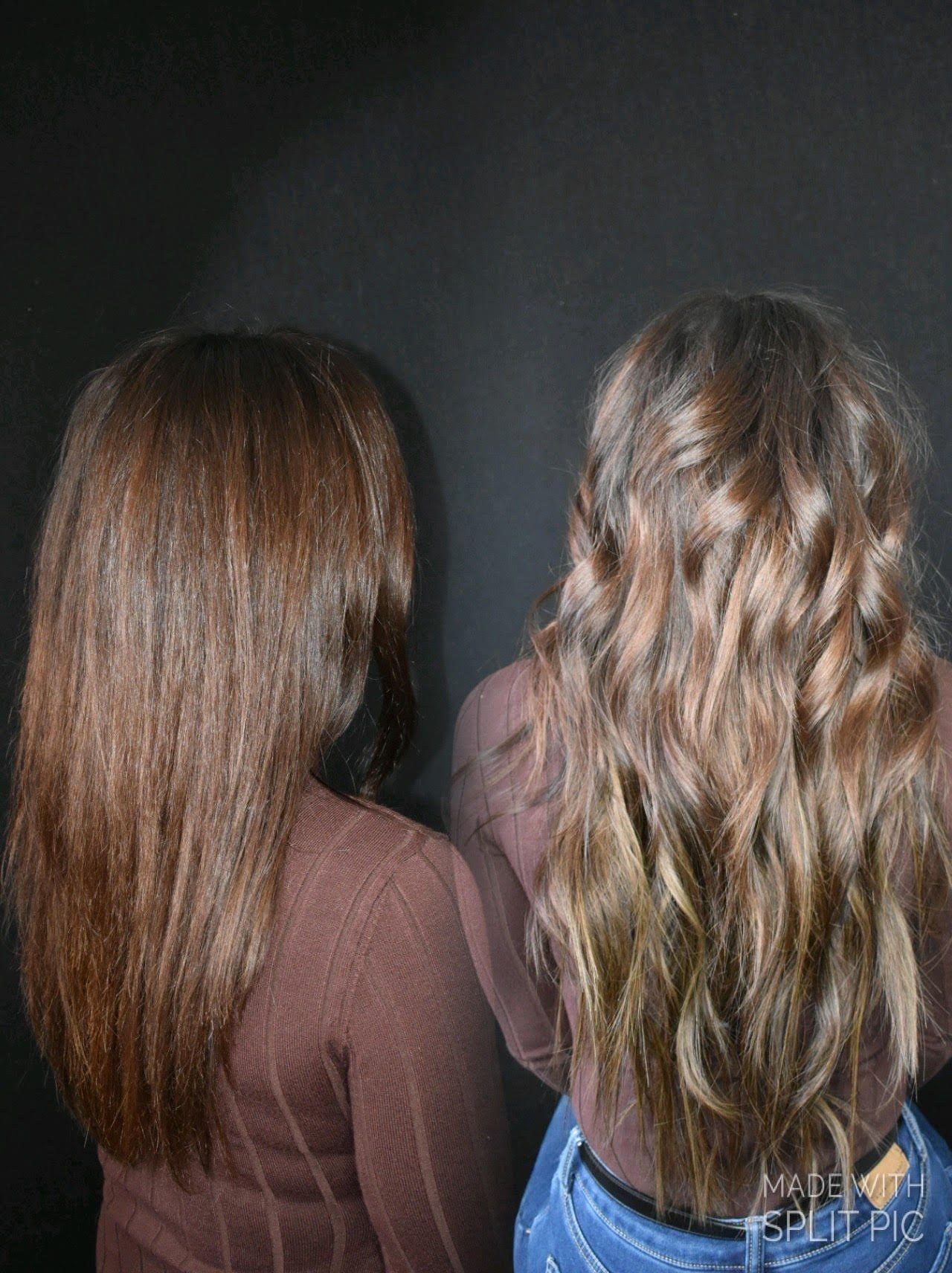 Before and after hair extensions, from behind