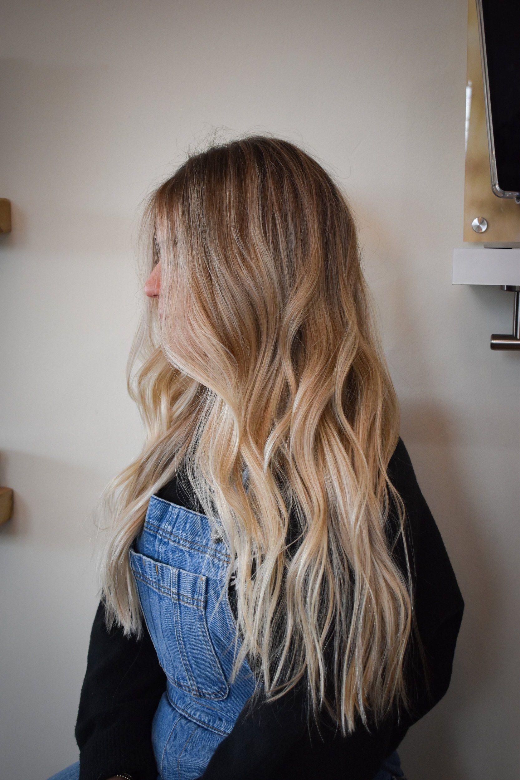 Long blonde balayage from the side